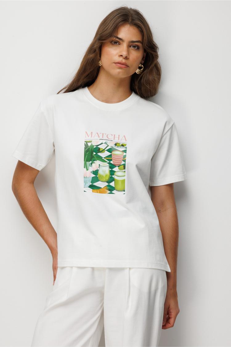 Mizalle Matcha Baskılı Suprem Beyaz T-Shirt - Mizalle