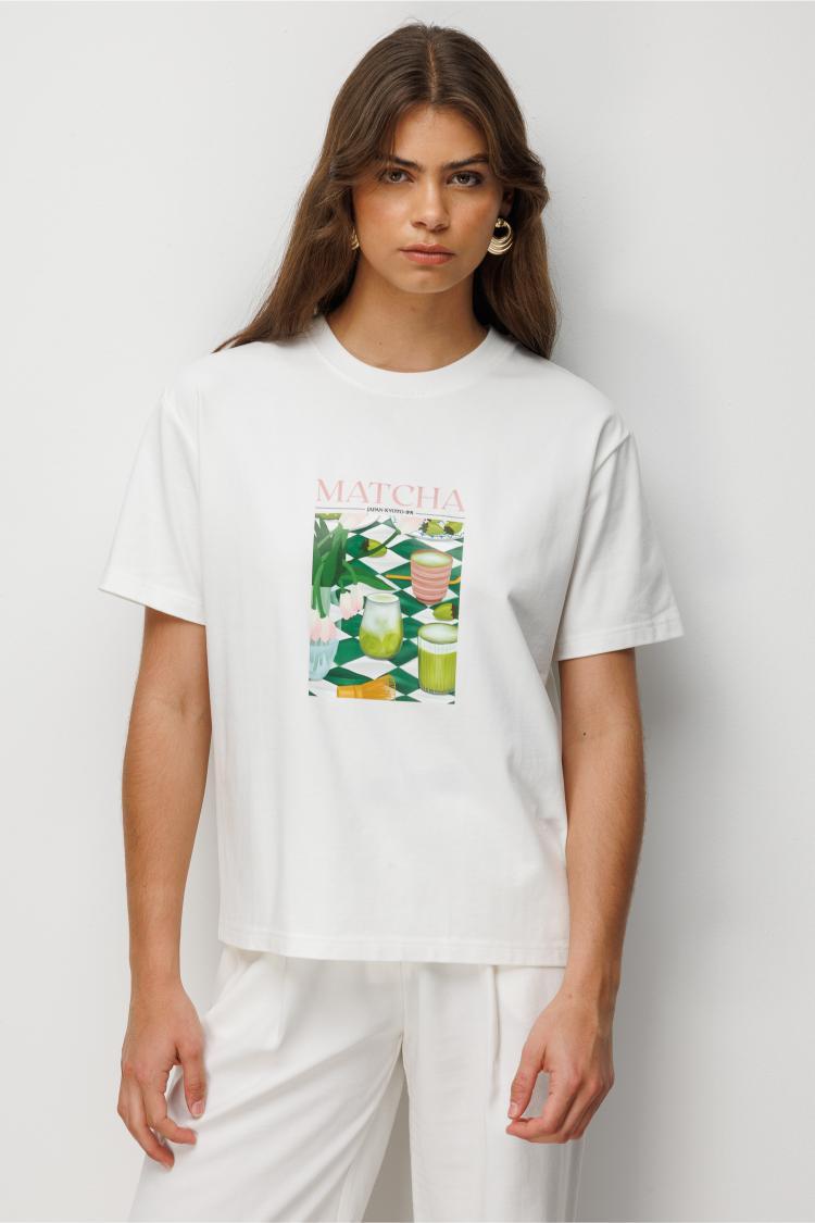 Mizalle Matcha Baskılı Suprem Beyaz T-Shirt - 2