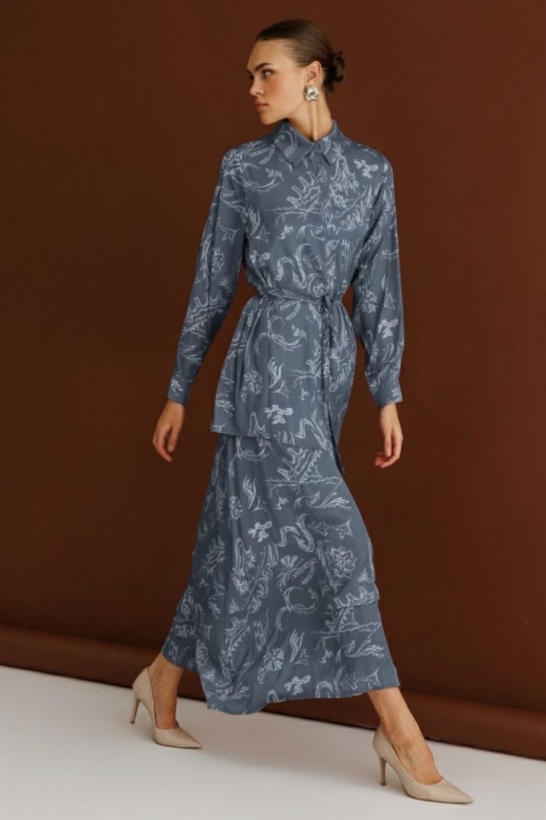 Mizalle Mavi Desenli Kuşaklı Saten Uzun Gömlek Tunik - Mizalle