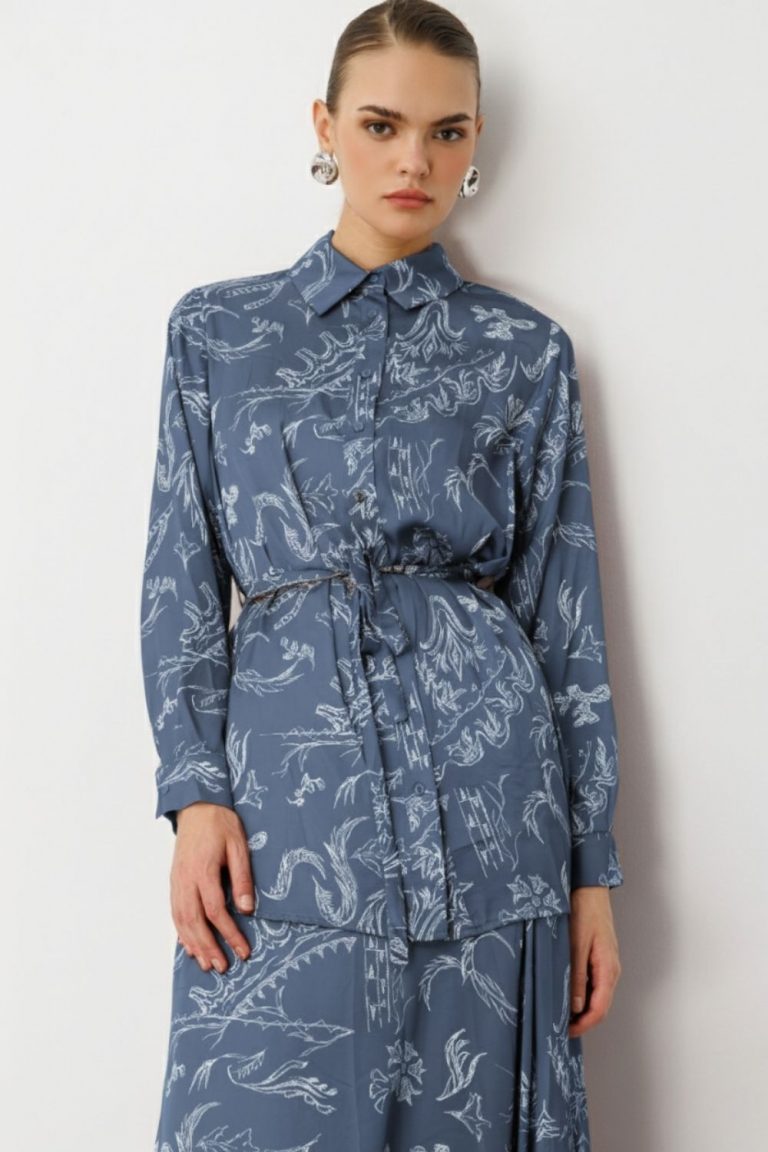 Mizalle Mavi Desenli Kuşaklı Saten Uzun Gömlek Tunik - Mizalle