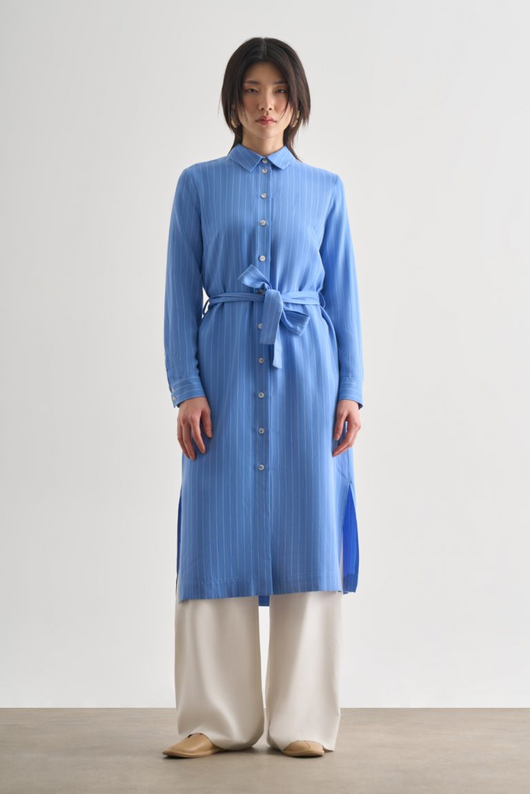 Mizalle Mavi İnce Çizgili Kuşaklı Midi Gömlek Elbise - Mizalle