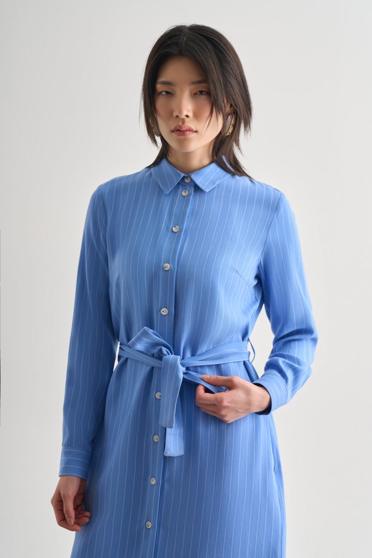 Mizalle Mavi İnce Çizgili Kuşaklı Midi Gömlek Elbise - Mizalle