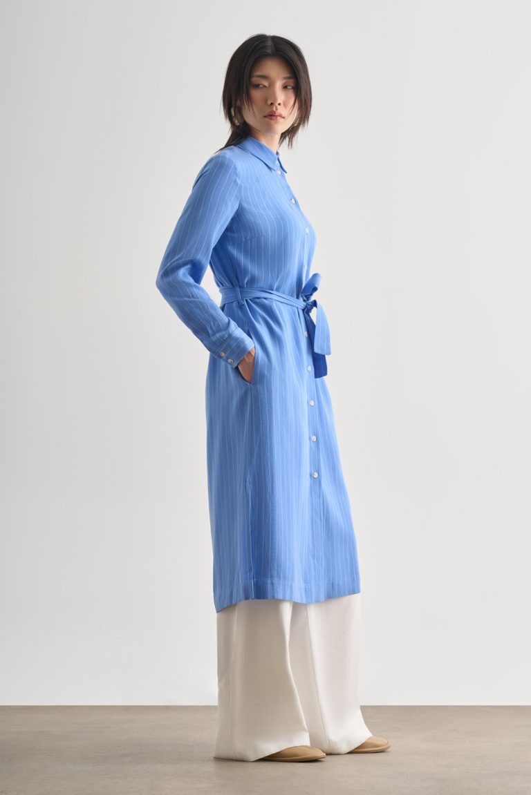 Mizalle Mavi İnce Çizgili Kuşaklı Midi Gömlek Elbise - Mizalle