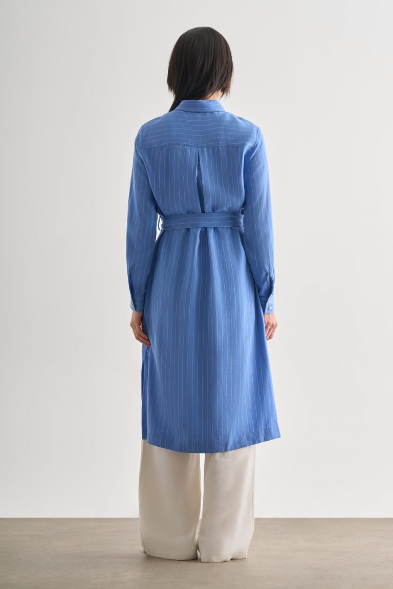 Mizalle Mavi İnce Çizgili Kuşaklı Midi Gömlek Elbise - Mizalle