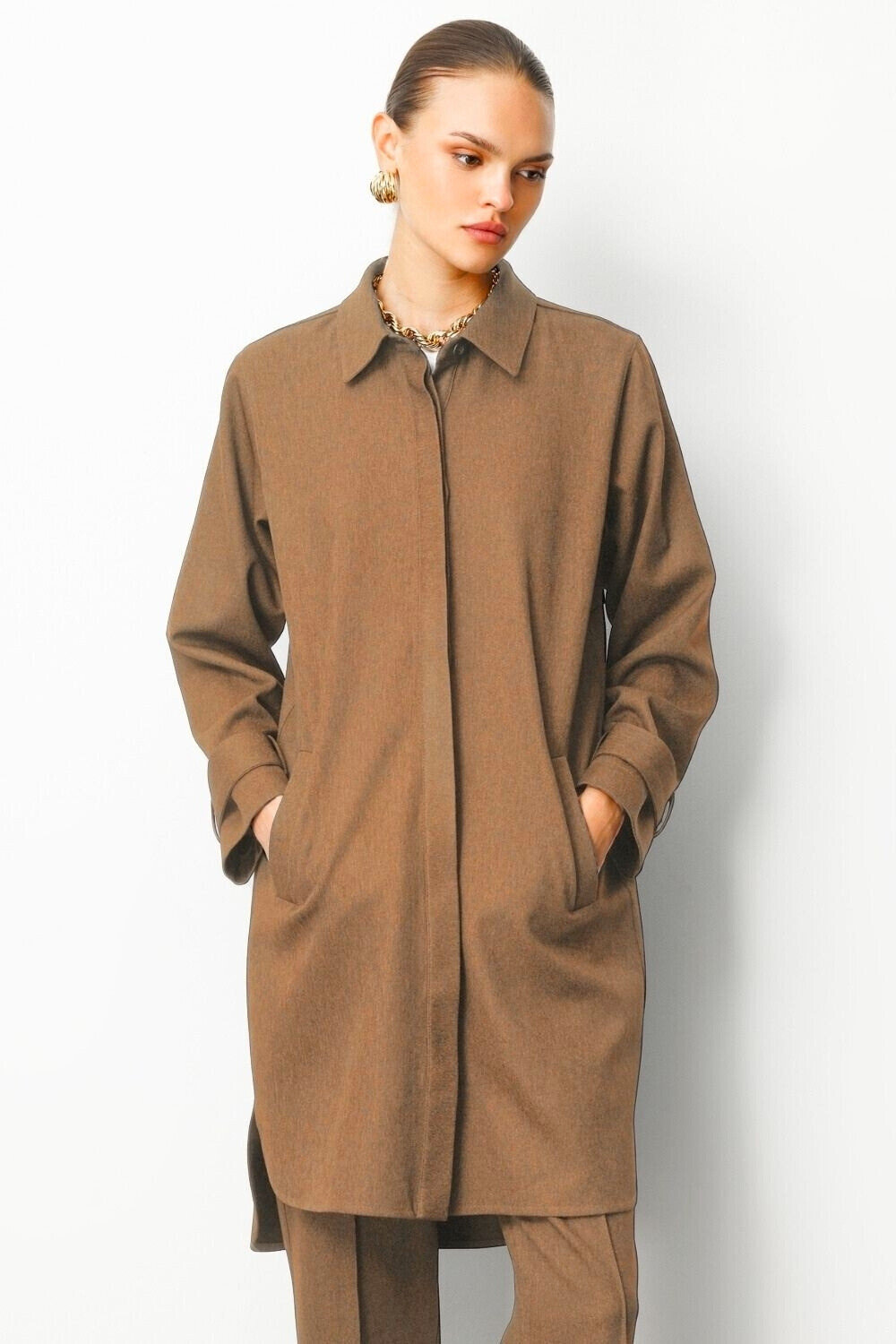 Mizalle Melanj Dokuma Karamel Rengi Uzun Tunik - 1