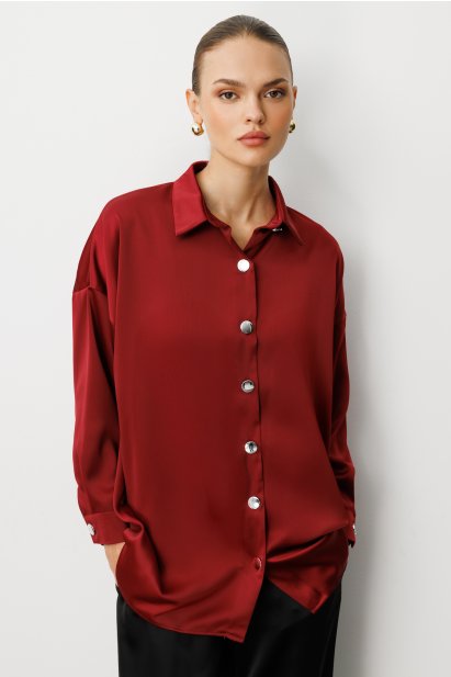 Mizalle Metal Düğmeli Bordo Saten Tunik Gömlek - Mizalle