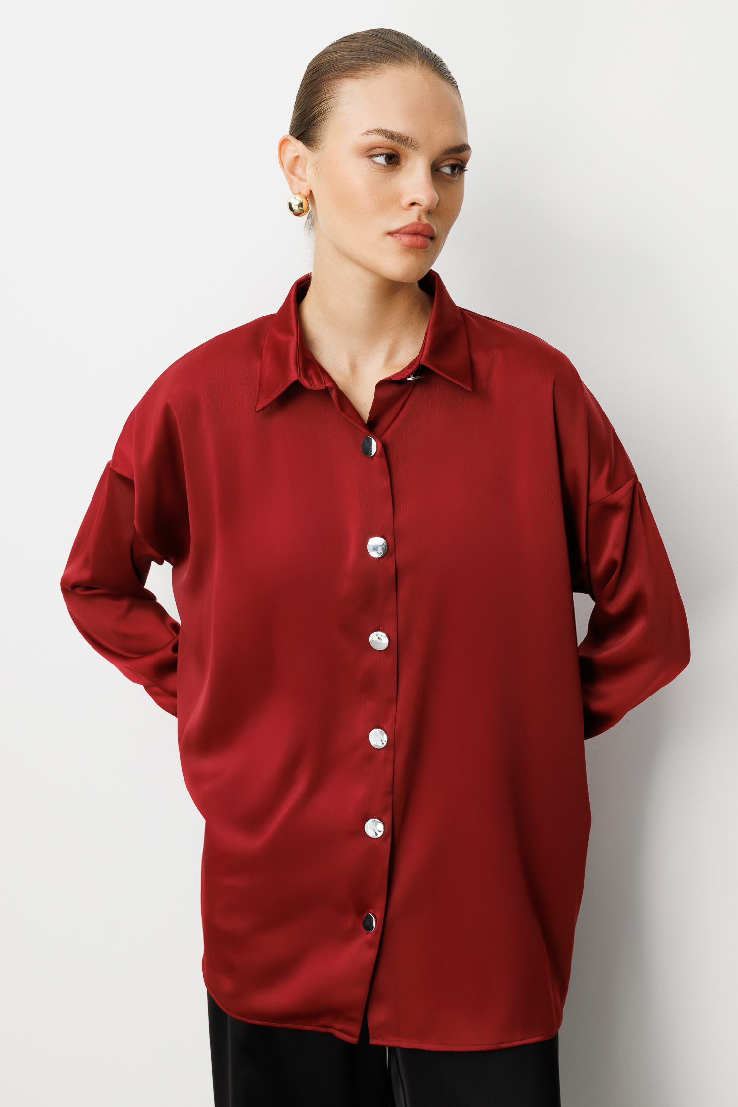 Mizalle Metal Düğmeli Bordo Saten Tunik Gömlek Mizalle Metal Düğmeli Bordo Saten Tunik Gömlek