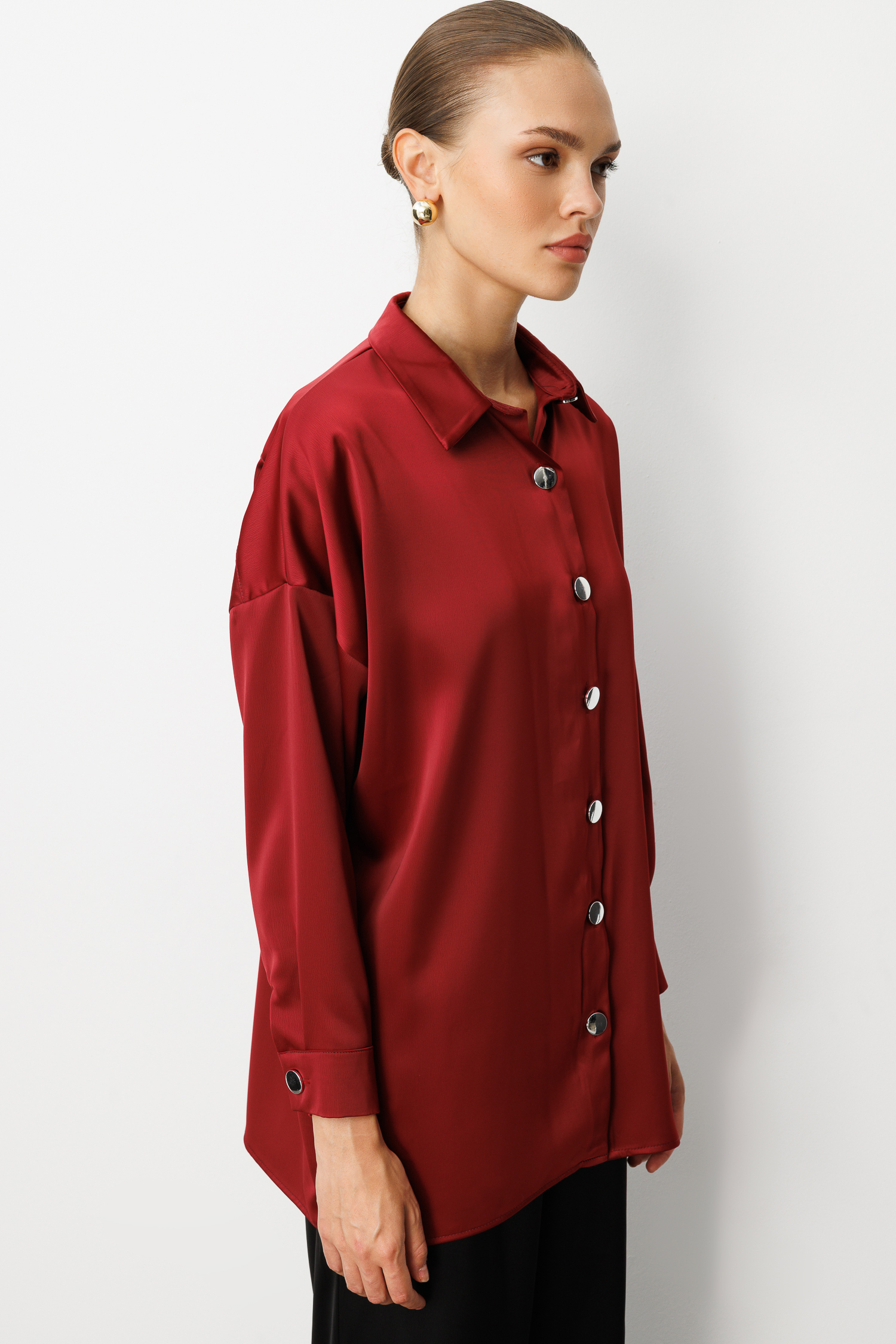 Mizalle Metal Düğmeli Bordo Saten Tunik Gömlek Mizalle Metal Düğmeli Bordo Saten Tunik Gömlek