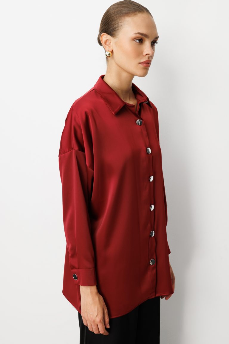 Mizalle Metal Düğmeli Bordo Saten Tunik Gömlek - Mizalle