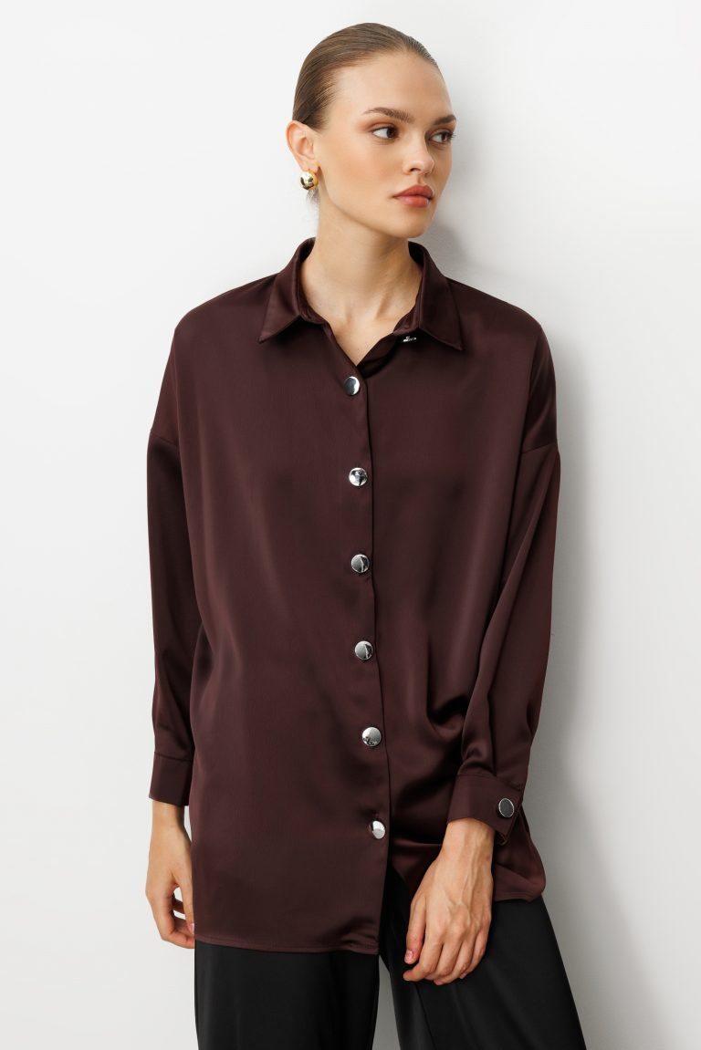 Mizalle Metal Düğmeli Kahverengi Saten Tunik Gömlek - Mizalle