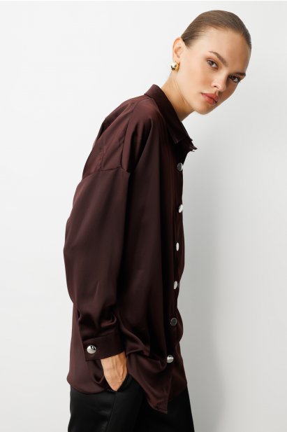 Mizalle Metal Düğmeli Kahverengi Saten Tunik Gömlek - Mizalle