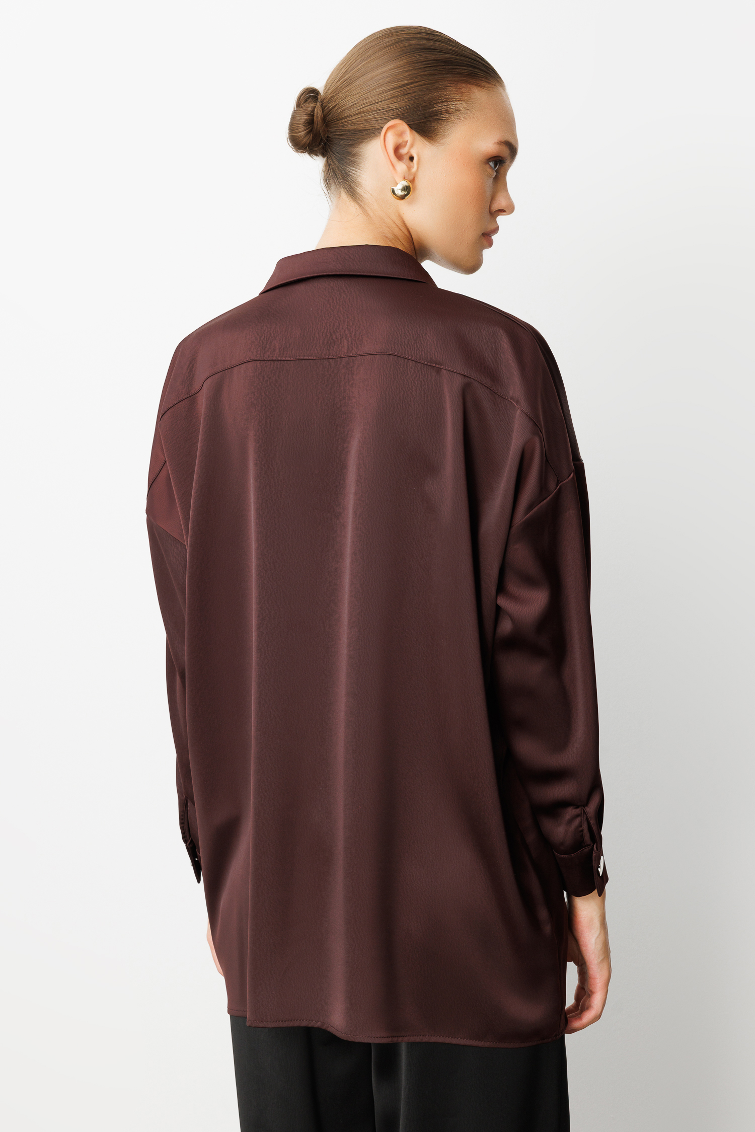 Mizalle Metal Düğmeli Kahverengi Saten Tunik Gömlek Mizalle Metal Düğmeli Kahverengi Saten Tunik Gömlek