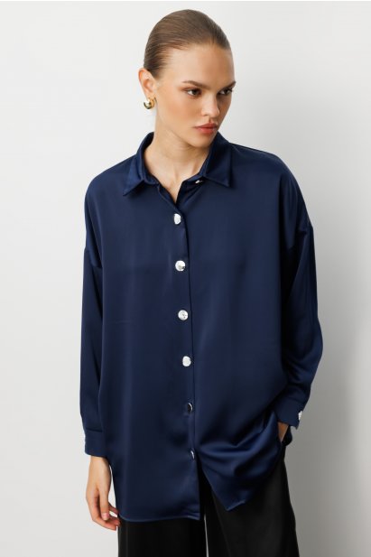 Mizalle Metal Düğmeli Lacivert Saten Tunik Gömlek - Mizalle