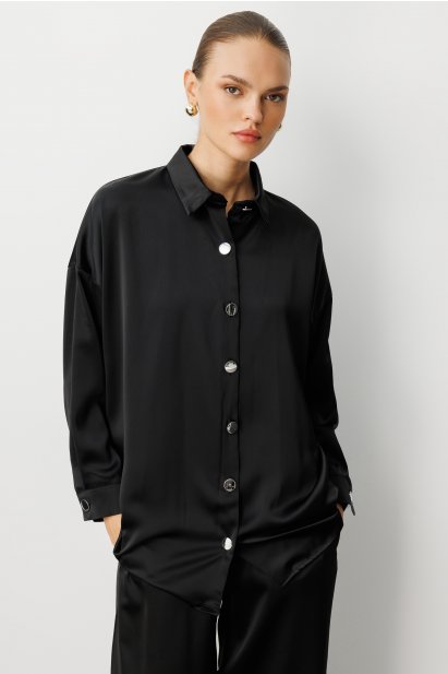Mizalle Metal Düğmeli Siyah Saten Tunik Gömlek - Mizalle