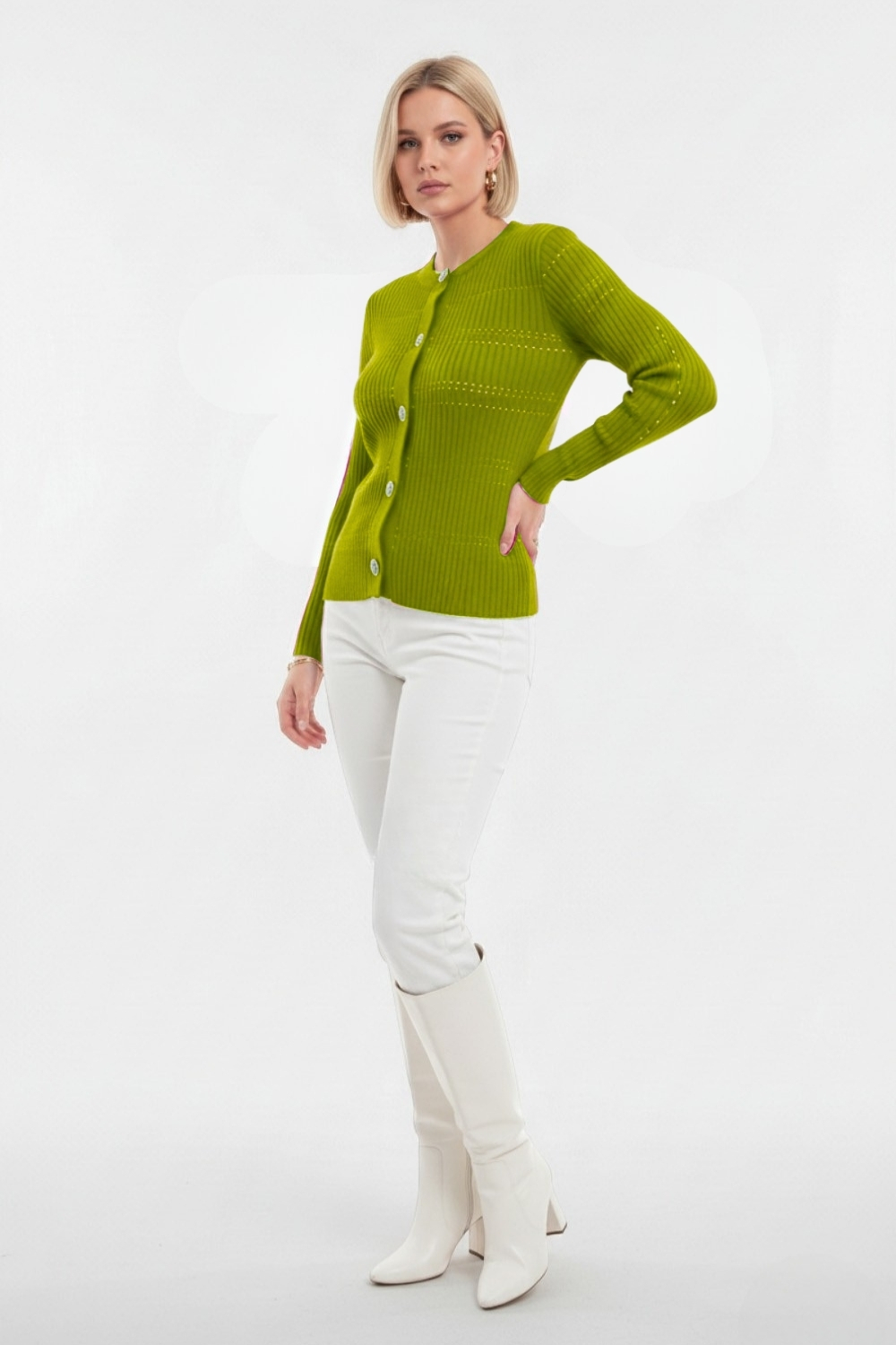 Mizalle Metal Düğmeli Yuvarlak Yaka Kaşkorse Fıstık Yeşili Hırka