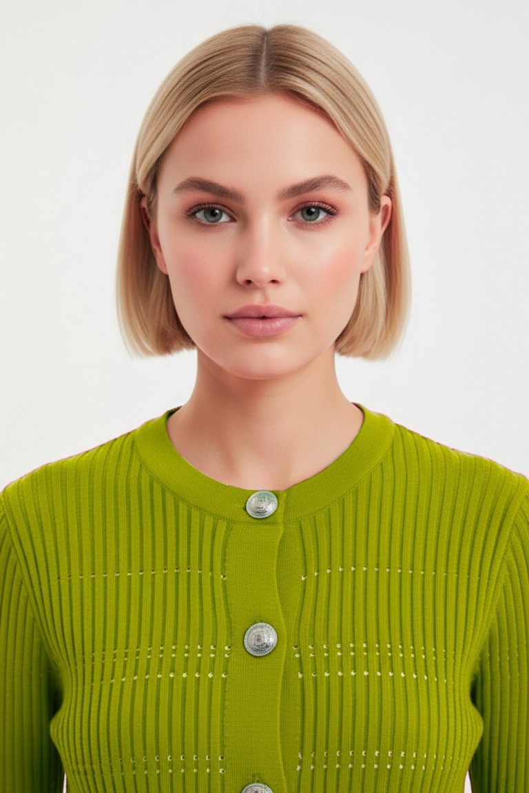 Mizalle Metal Düğmeli Yuvarlak Yaka Kaşkorse Fıstık Yeşili Hırka - Mizalle