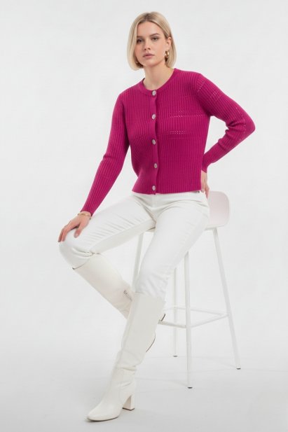 Mizalle Metal Düğmeli Yuvarlak Yaka Kaşkorse Fuşya Hırka - Mizalle