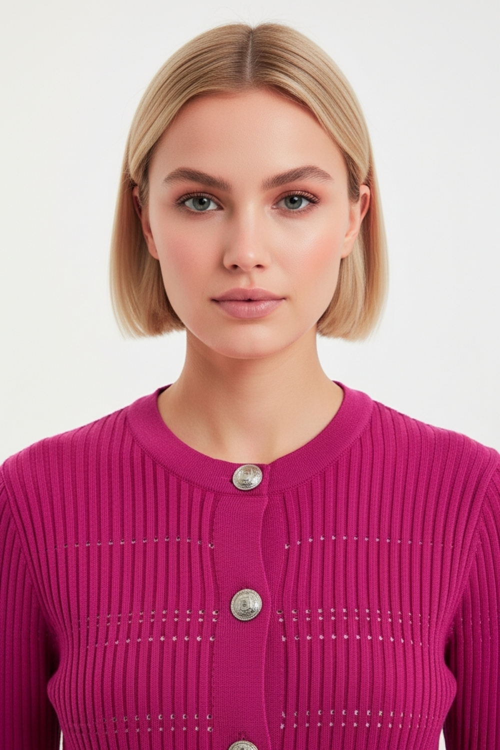 Mizalle Metal Düğmeli Yuvarlak Yaka Kaşkorse Fuşya Hırka