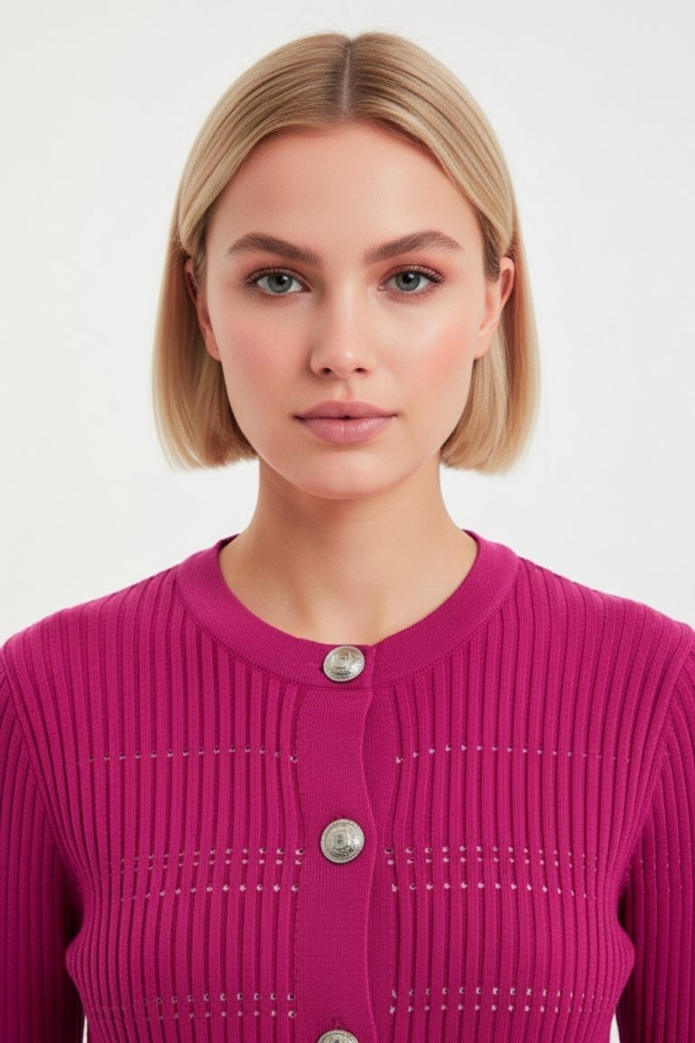 Mizalle Metal Düğmeli Yuvarlak Yaka Kaşkorse Fuşya Hırka - Mizalle