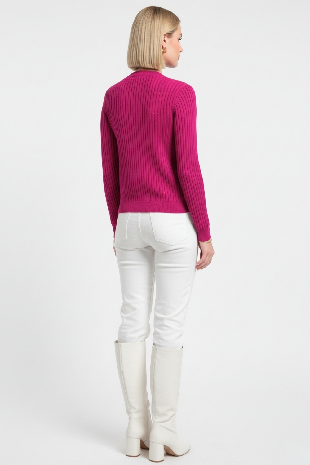 Mizalle Metal Düğmeli Yuvarlak Yaka Kaşkorse Fuşya Hırka