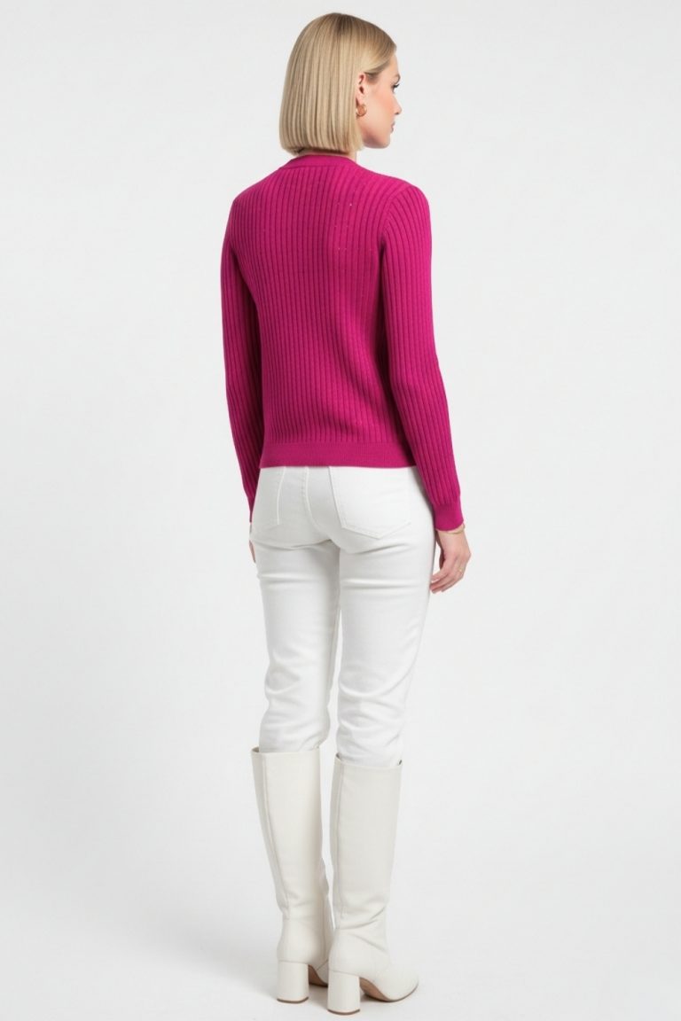 Mizalle Metal Düğmeli Yuvarlak Yaka Kaşkorse Fuşya Hırka - Mizalle