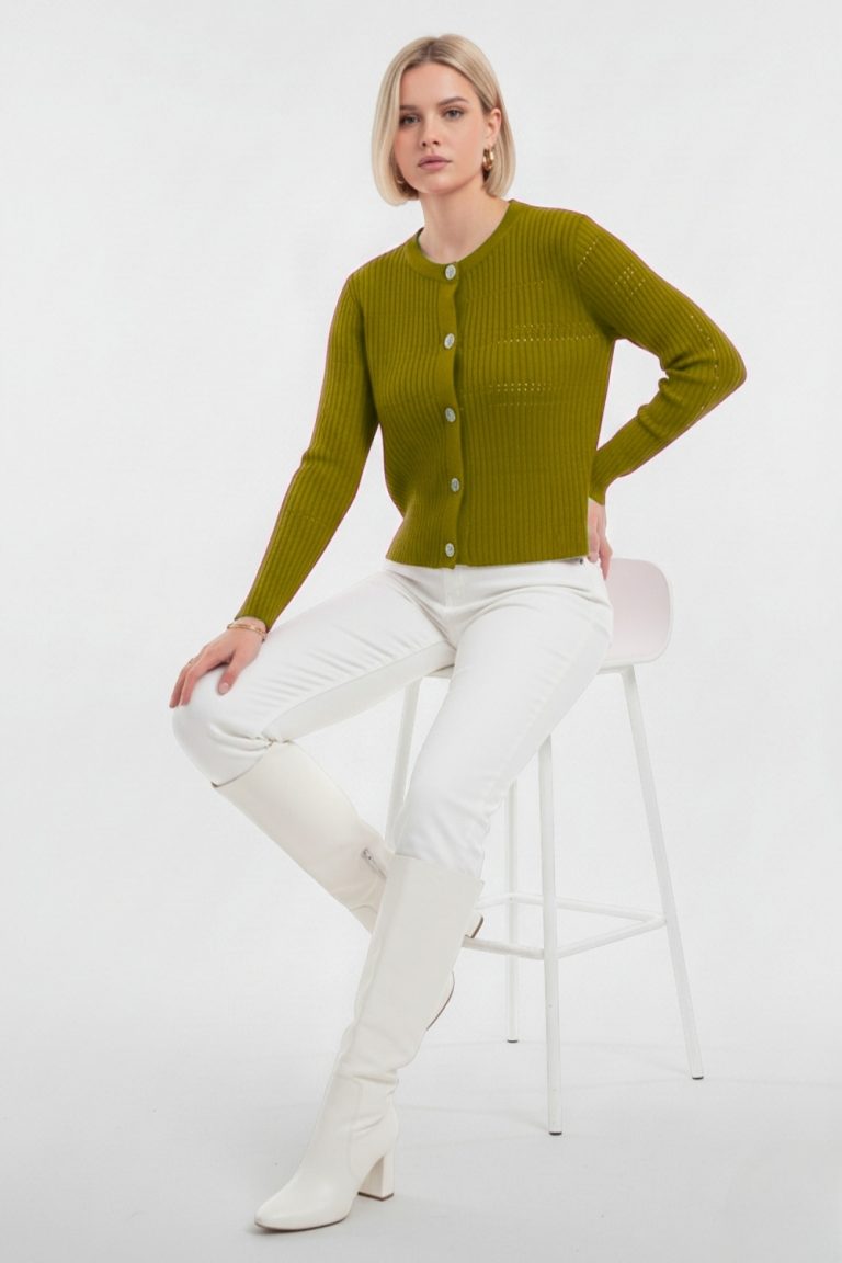 Mizalle Metal Düğmeli Yuvarlak Yaka Kaşkorse Haki Hırka - Mizalle