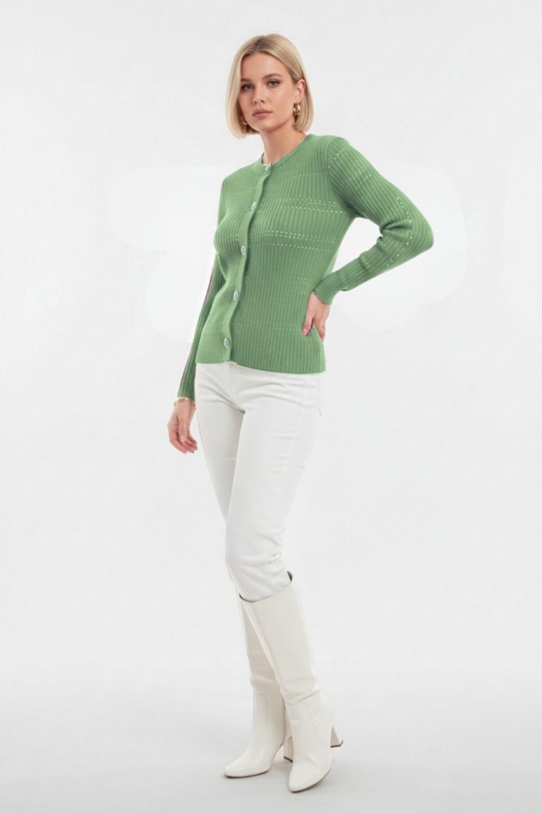 Mizalle Metal Düğmeli Yuvarlak Yaka Kaşkorse Mint Hırka - Mizalle