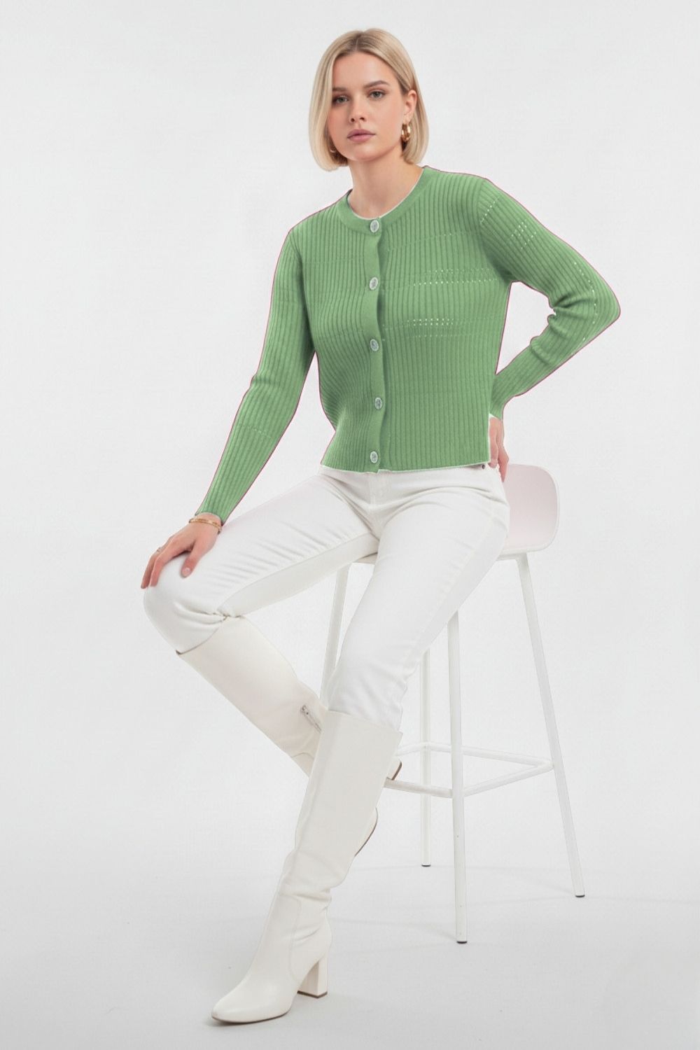 Mizalle Metal Düğmeli Yuvarlak Yaka Kaşkorse Mint Hırka