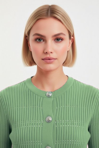 Mizalle Metal Düğmeli Yuvarlak Yaka Kaşkorse Mint Hırka - Mizalle