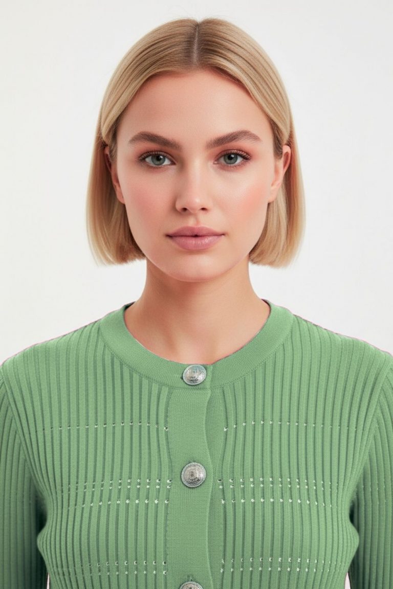 Mizalle Metal Düğmeli Yuvarlak Yaka Kaşkorse Mint Hırka - Mizalle