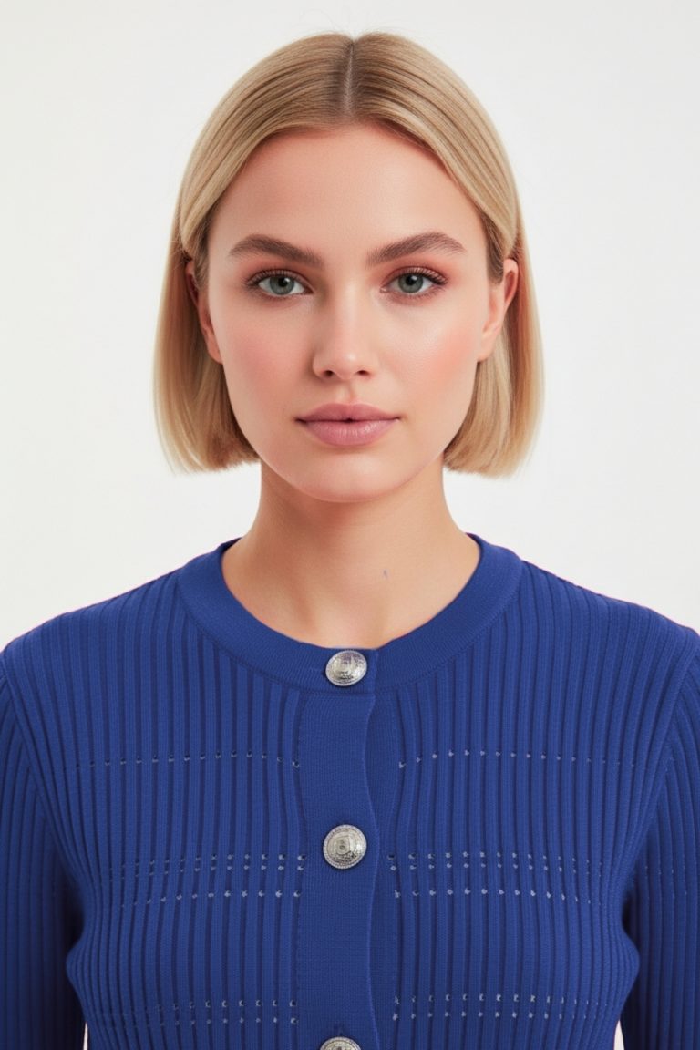 Mizalle Metal Düğmeli Yuvarlak Yaka Kaşkorse Saks Mavi Hırka - Mizalle