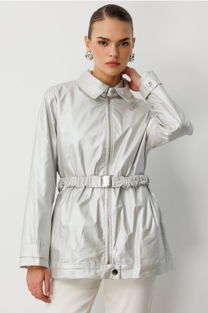 Mizalle Metalik Gri Parlak Dokulu Kuşaklı Trençkot - Mizalle