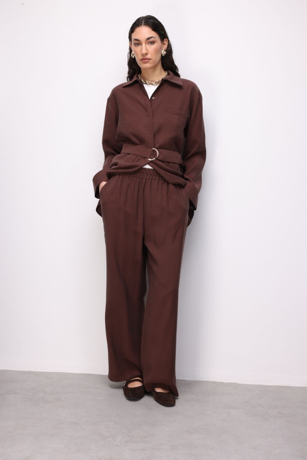 Mizalle Modal Dokulu Beli Lastikli Kahverengi Pantolon - 1