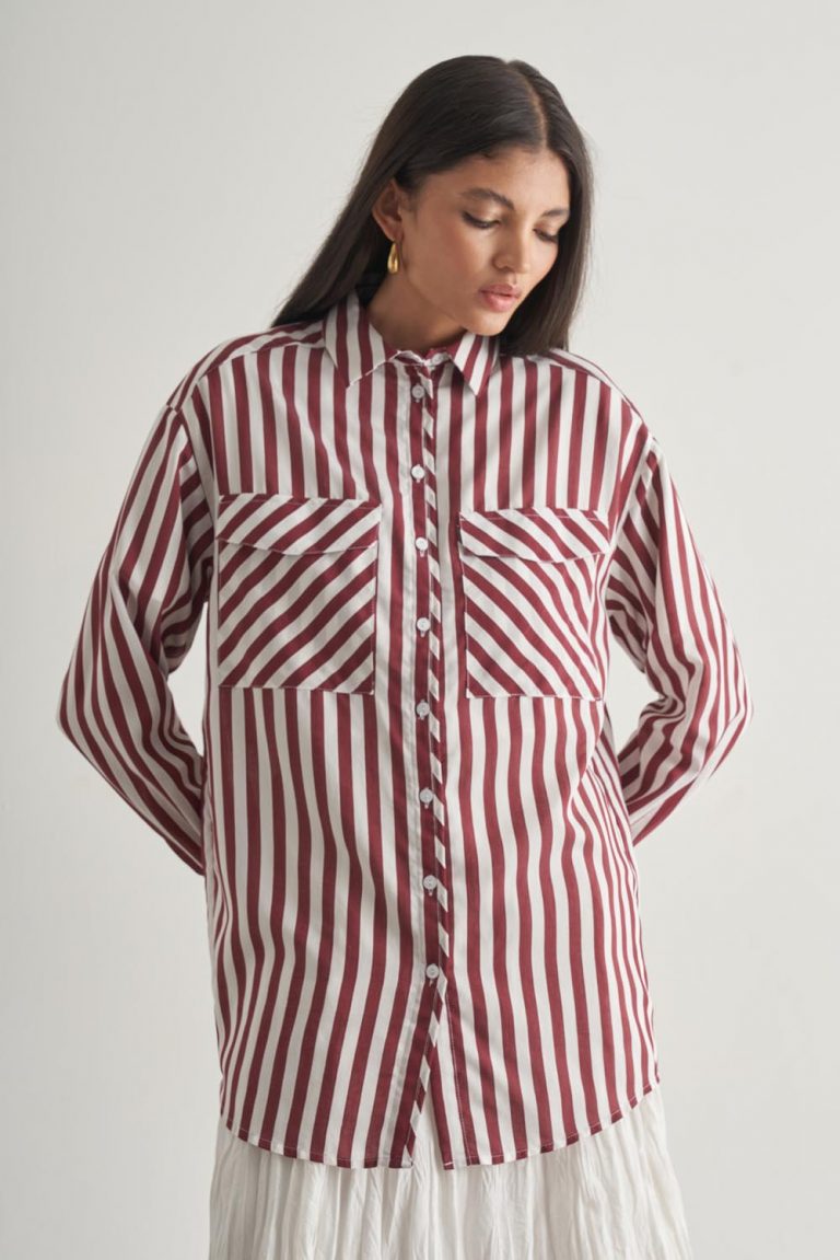 Mizalle Modal Dokulu Bordo Çizgili Cepli Gömlek - Mizalle
