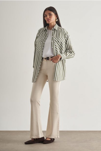 Mizalle Modal Dokulu Haki Çizgili Cepli Gömlek - Mizalle