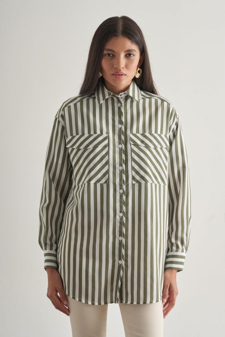 Mizalle Modal Dokulu Haki Çizgili Cepli Gömlek - Mizalle