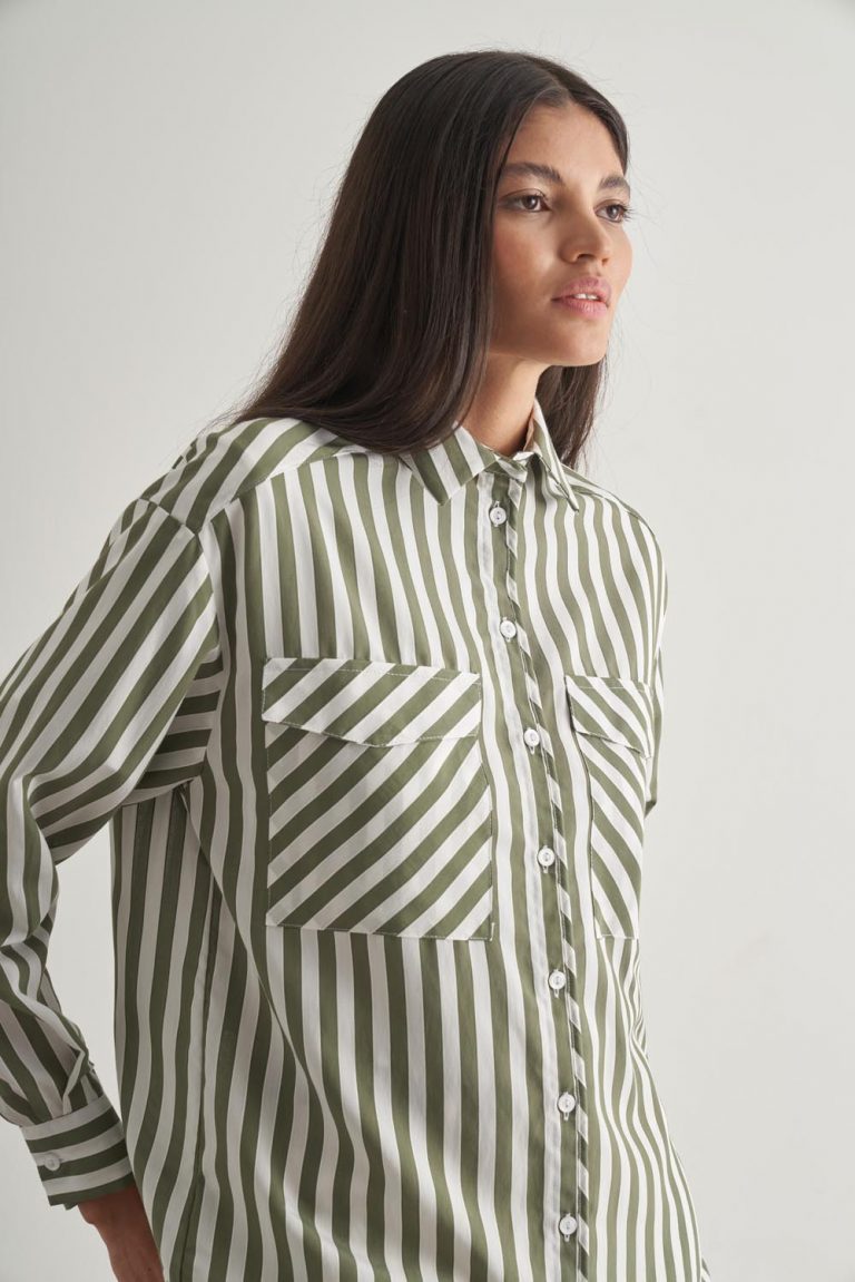 Mizalle Modal Dokulu Haki Çizgili Cepli Gömlek - Mizalle