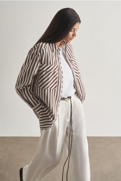 Mizalle Modal Dokulu Kahverengi Çizgili Cepli Gömlek - Mizalle