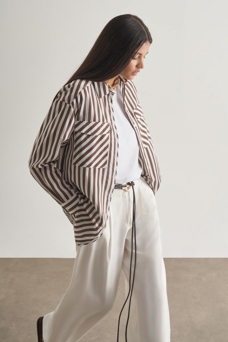 Mizalle Modal Dokulu Kahverengi Çizgili Cepli Gömlek - Mizalle