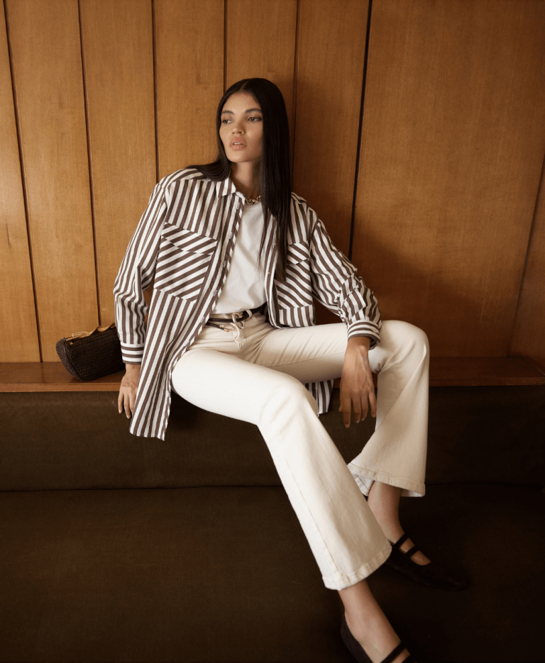 Mizalle Modal Dokulu Kahverengi Çizgili Cepli Gömlek - Mizalle