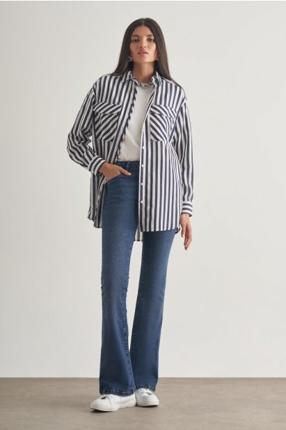 Mizalle Modal Dokulu Lacivert Çizgili Cepli Gömlek - Mizalle