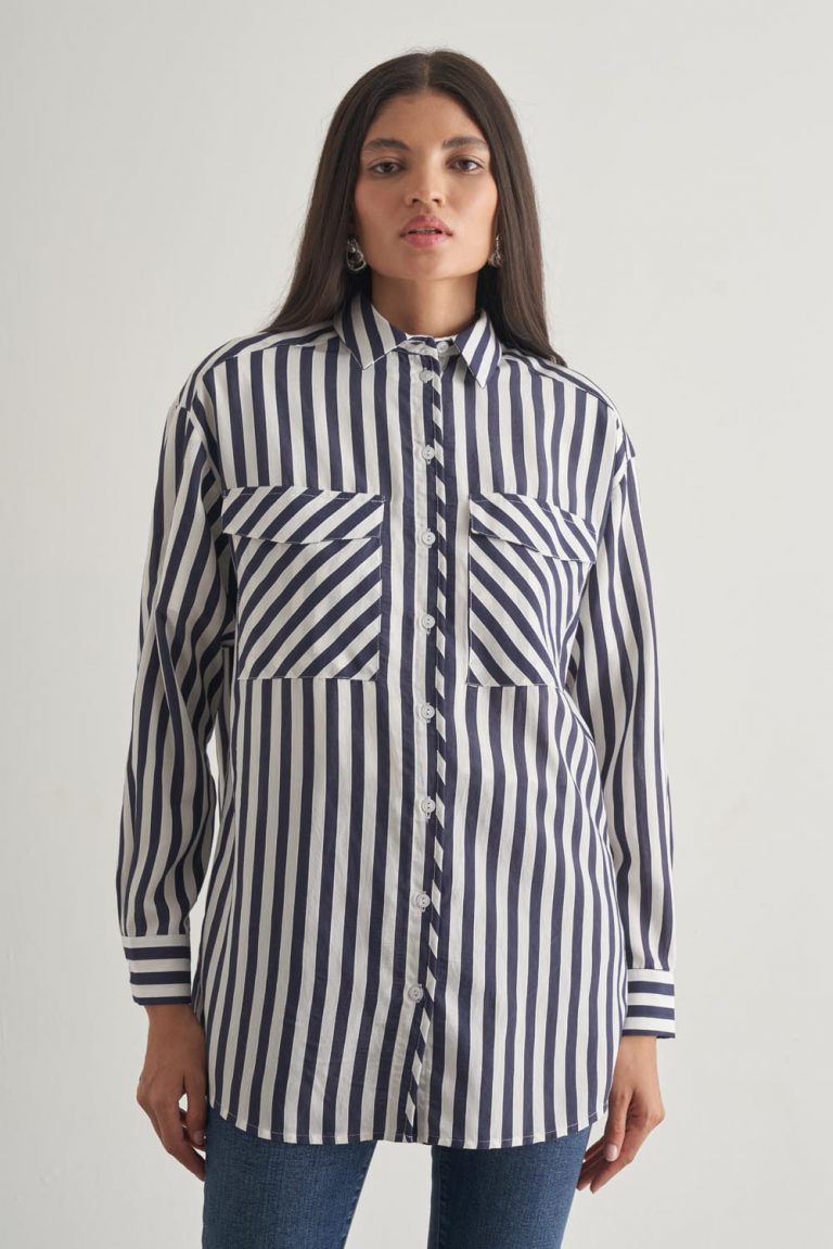 Mizalle Modal Dokulu Lacivert Çizgili Cepli Gömlek - Mizalle