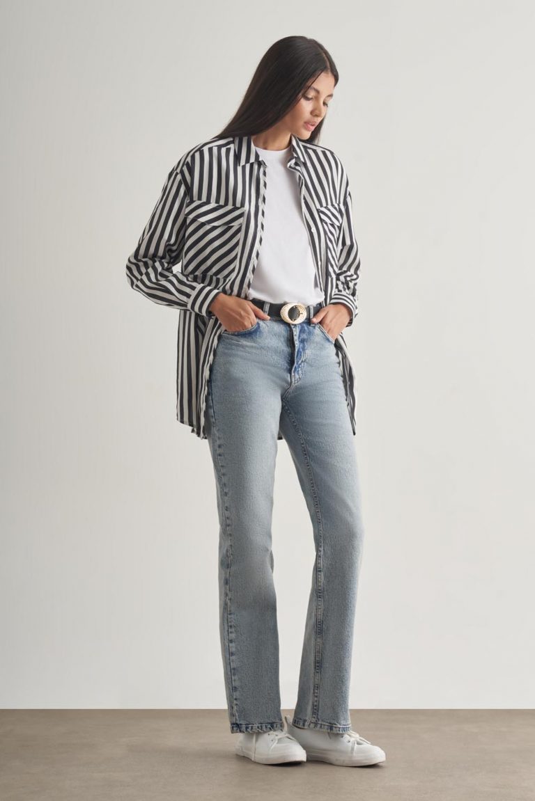 Mizalle Modal Dokulu Siyah Çizgili Cepli Gömlek - Mizalle