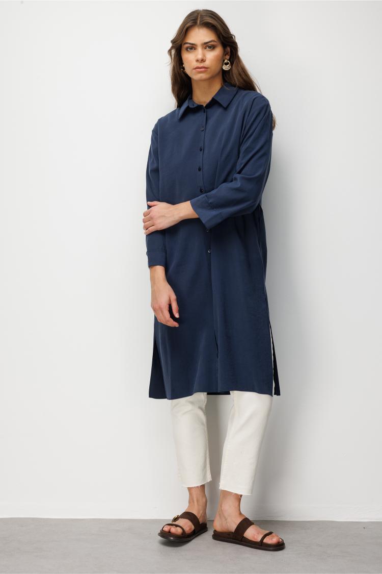 Mizalle Modal Dokulu Uzun Lacivert Tunik - 3