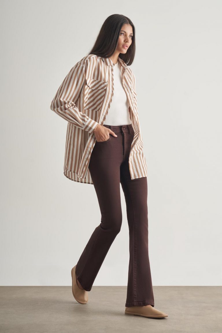 Mizalle Modal Dokulu Vizon Rengi Çizgili Cepli Gömlek - Mizalle