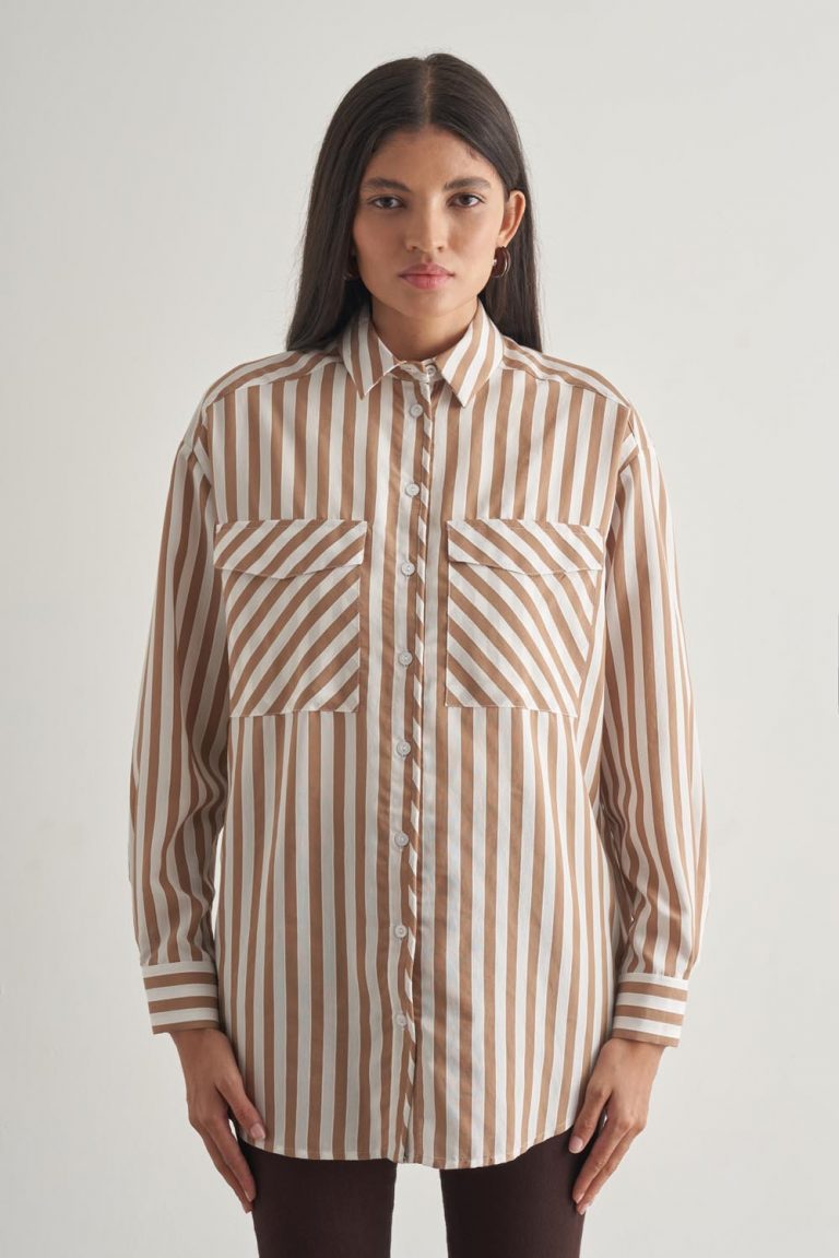 Mizalle Modal Dokulu Vizon Rengi Çizgili Cepli Gömlek - Mizalle