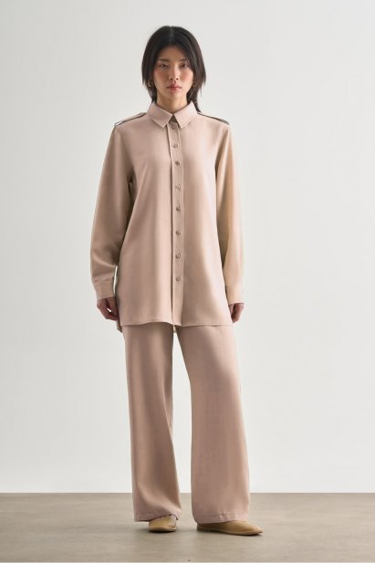 Mizalle Modal Karışımlı Apoletli Bej Rengi Tunik - Mizalle