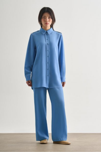 Mizalle Modal Karışımlı Apoletli Mavi Tunik - Mizalle