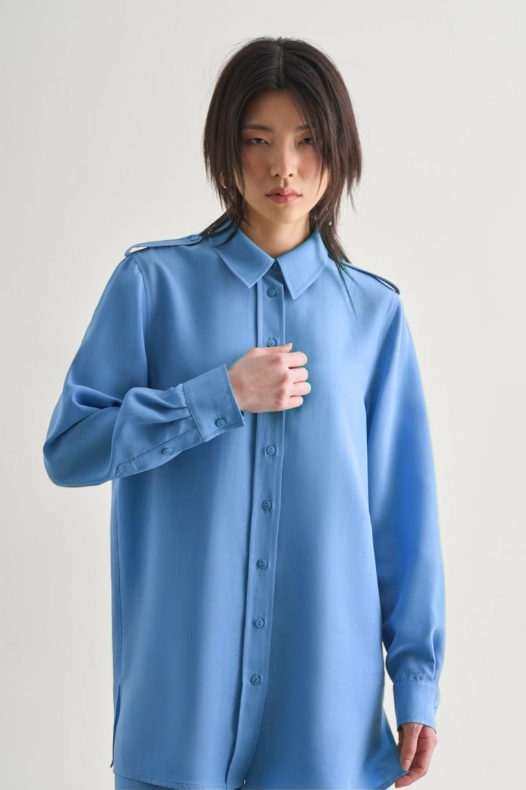 Mizalle Modal Karışımlı Apoletli Mavi Tunik - Mizalle