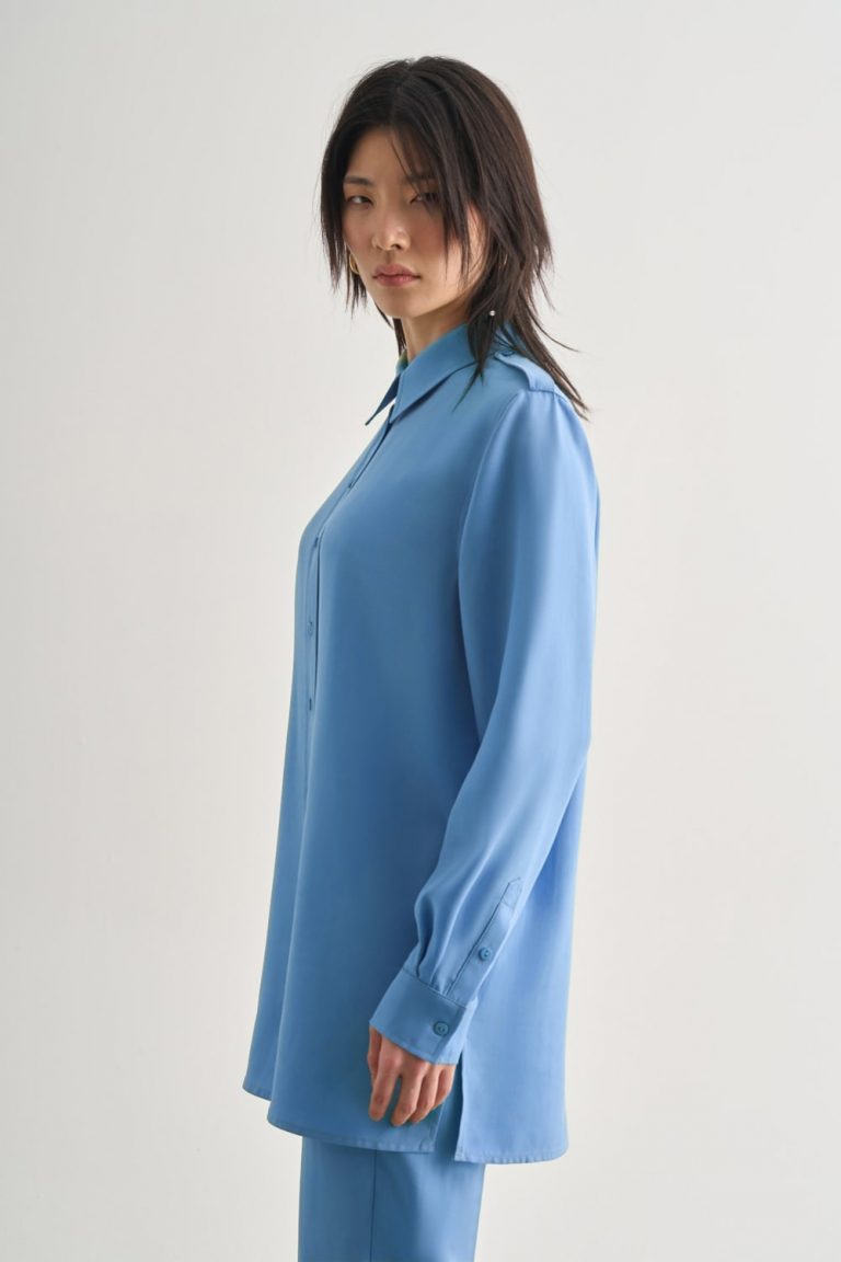 Mizalle Modal Karışımlı Apoletli Mavi Tunik - Mizalle